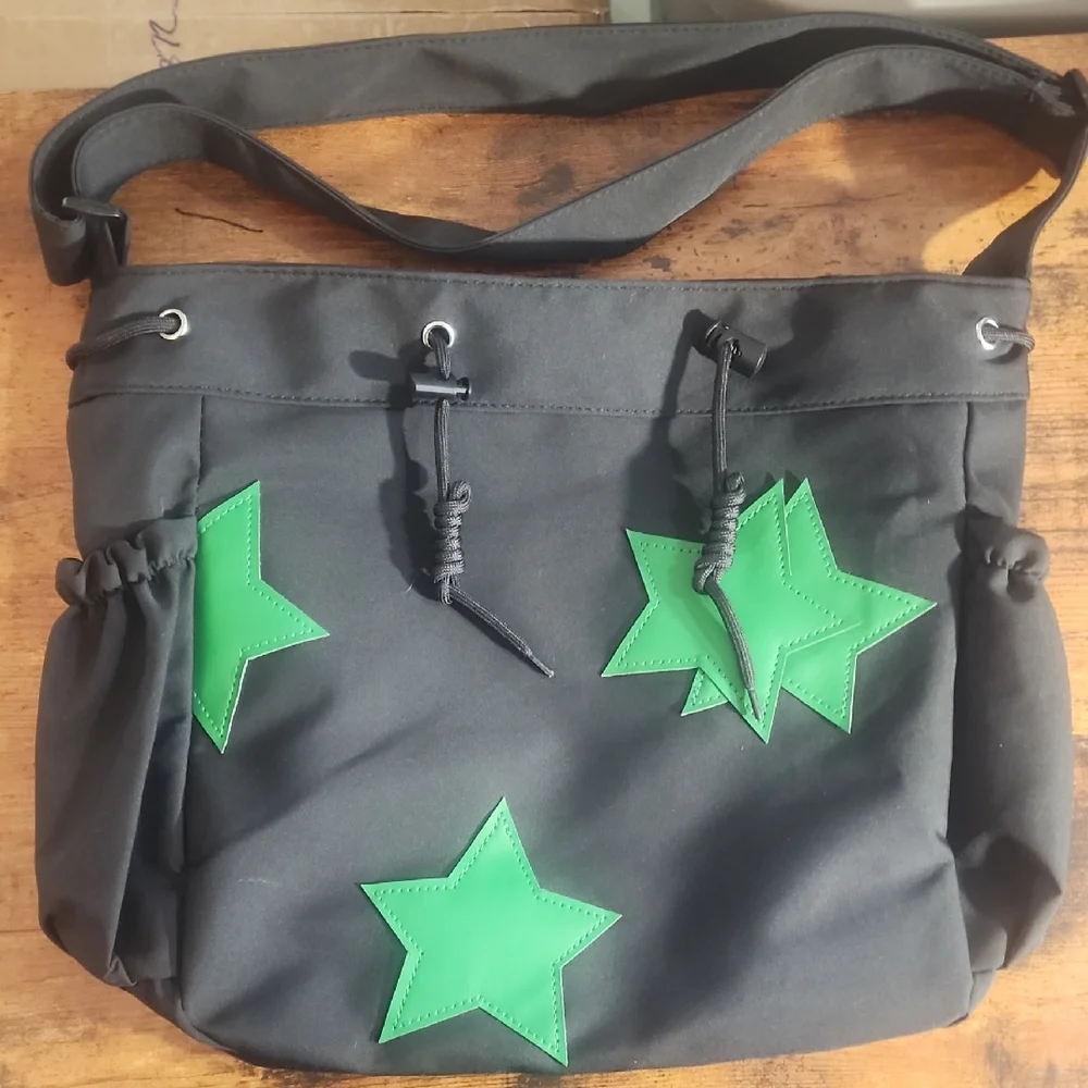 Stylish Black and Green Women's Bag With Stars Decor. New Spring/ Summer Plain